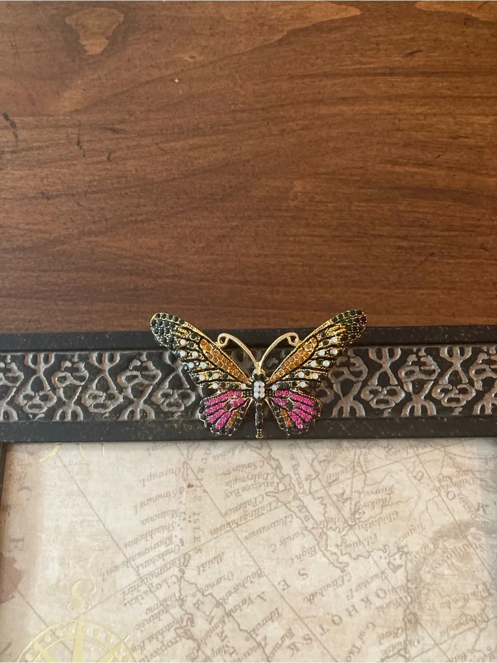 Carved Black Picture Frame with Pink and Gold jeweled Butterfly Accent